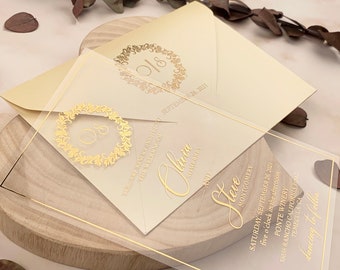 ACRYLIC WEDDING INVITATION  | Clear Acrylic wedding invitation | Transparent invitation | Closed envelope  |  Gold foil invitation  |  85845