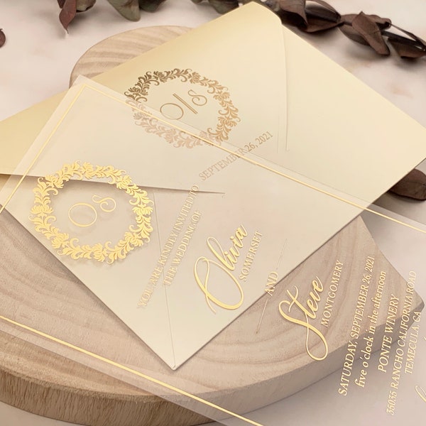 ACRYLIC WEDDING INVITATION  | Clear Acrylic wedding invitation | Transparent invitation | Closed envelope  |  Gold foil invitation  |  85845