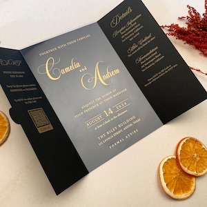 Clear Acrylic Black Wedding Invitation | Details Cards, Online Rsvp Cards and Acrylic Invitation with Gold Foil | MD101