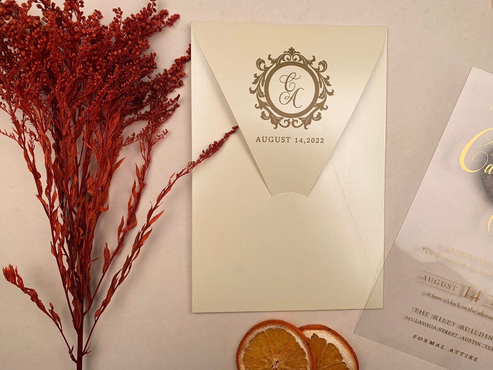 Clear Acrylic Wedding Invitation Cream Envelope With Gold Etsy