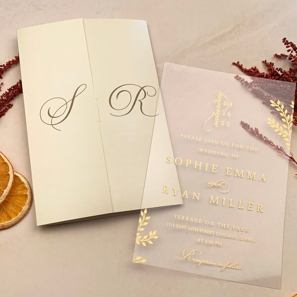 Clear Acrylic Champagne Wedding Invitation | Details Cards, Online Rsvp Cards and Acrylic Invitation with Gold Foil | MD101