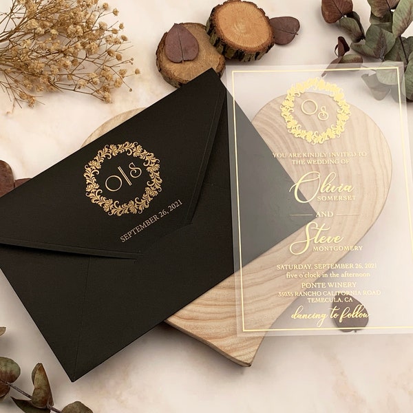 Acrylic Wedding Invitation | Transparent invitation | Clear Acrylic |  Gold foil invitation and envelope  | Closed Black Envelope | E001