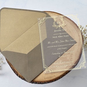 ACRYLIC WEDDING INVITATION | Grey envelope | Transparent invitation | Gold invitation | IEB1185