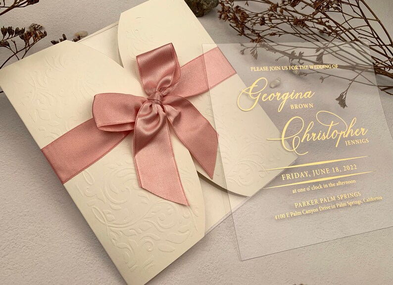 CLEAR ACRYLIC Wedding Invitation Cream Envelope With Ribbon Etsy