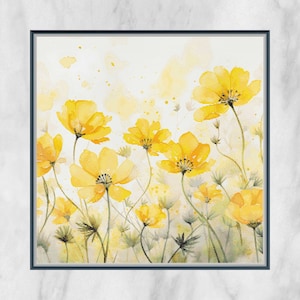 May include: A watercolor painting of yellow flowers with green stems and leaves on a white background with yellow watercolor splatters.