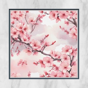 ピンクの桜のクロスステッチパターン - 水彩雲のクロスステッチ - パターンキーパー互換チャート - デジタルダウンロードPDF