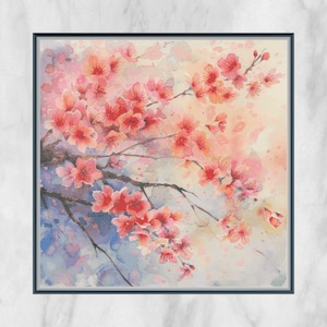 Op de afbeelding: Een aquarel schilderij van een delicate roze kersenbloesemtak met zachte pastel roze en blauwe tinten op de achtergrond.