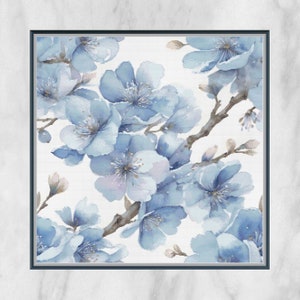 Motif fleur de cerisier bleu au point de croix - Branche aquarelle au point de croix compté - Grille compatible avec Pattern Keeper - Téléchargement numérique PDF