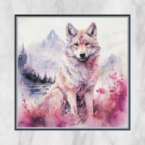 May include: A watercolor painting of a wolf sitting in a field of pink flowers. The wolf is looking at the viewer with a gentle expression. The background is a soft, blurry landscape with mountains in the distance.