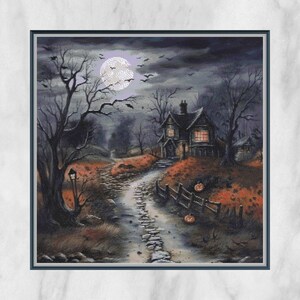 May include: A Halloween-themed painting depicting a house at night. A full moon illuminates a dark path leading to a house with lit windows. Bare trees, pumpkins, and a fence contribute to the eerie atmosphere. The color palette is dark with shades of grey, brown, and orange.
