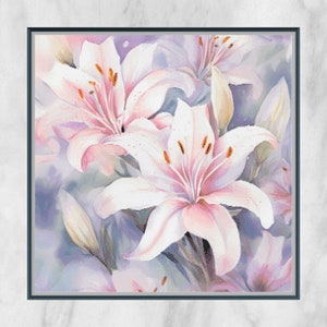 May include: A watercolor painting of pink lilies with white petals and yellow centers. The lilies are arranged in a bouquet and are set against a soft blue background.