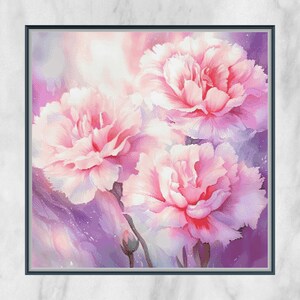 May include: A painting of three pink carnations with soft, delicate petals. The flowers are arranged in a cluster, with the largest carnation in the center. The background is a soft, purple and white gradient.