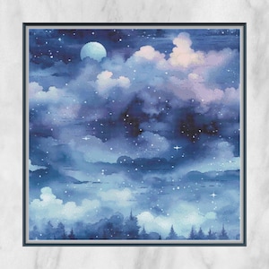Pode incluir: Uma pintura em aquarela de um céu noturno com nuvens e estrelas. A lua é visível no canto superior esquerdo da pintura.