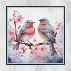 May include: Two bluebirds with pink and red accents perched on a branch with pink blossoms. The birds are facing each other and the background is a soft watercolour wash.