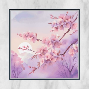 Könnte beinhalten: Ein Aquarellbild eines rosa Kirschbaums in voller Blüte vor einem lila und rosa Himmel. Die Äste des Baumes ragen in den Himmel, und die Blüten stehen in voller Blüte. Das Bild hat eine weiche, verträumte Atmosphäre.