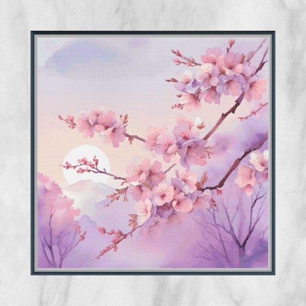 Purple Cherry Blossom Cross Stitch Pattern - Full Moon Sunset Counted Cross-Stitch - Pattern Keeper Compatible Chart - Digital Download PDF