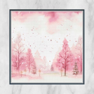 Pink Winter Scene Cross Stitch Pattern - Watercolor Snowy Counted Cross-Stitch - Pattern Keeper Compatible Chart - Digital Download PDF