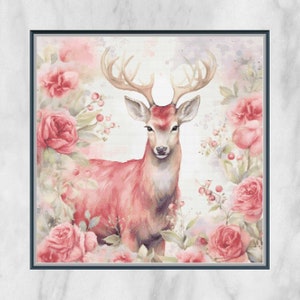 May include: A framed watercolour print depicting a deer amidst pink roses and foliage. The deer has large antlers and a soft, pinkish-red coat. The artwork has a delicate, floral theme and is set against a light background.