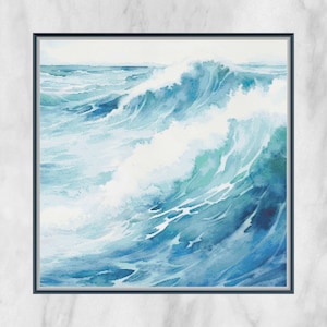 May include: A watercolour painting depicting ocean waves crashing against each other. The waves are a mixture of blue, green, and white.