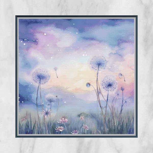 Purple Dandelion Sunset Cross Stitch Pattern - Nature Scene Counted Cross-Stitch - Pattern Keeper Compatible Chart - Digital Download PDF