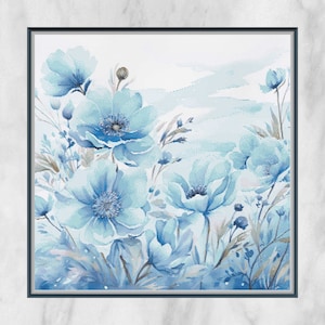 May include: A watercolor painting of blue flowers with a white background. The flowers are in various stages of bloom, with some fully open and others still in bud. The painting is framed in a simple black frame.