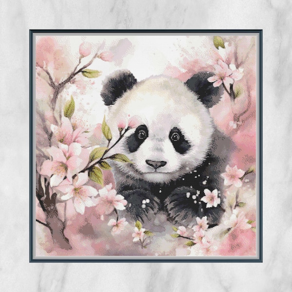 Motif de point de croix Panda printanier rose - Scène de la nature au point de croix compté - Grille compatible avec Pattern Keeper - Téléchargement numérique PDF