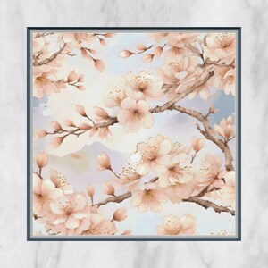 May include: A framed watercolour painting of a cherry blossom branch with soft pink flowers and buds. The artwork features a blue and white sky background and a dark blue frame.