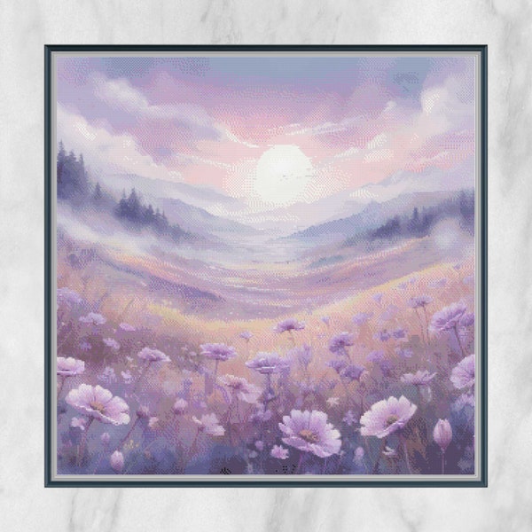 Purple Flower Valley Cross Stitch Pattern - Watercolor Nature Counted Cross-Stitch - Pattern Keeper Compatible Chart - Digital Download PDF