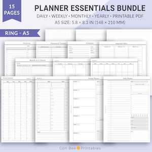 A5 Planner Essentials Bundle, Daily, Weekly, Monthly, Yearly Planner, FiloFax A5, Printable Planner Pages, A5 Bullet Journal Planner Inserts