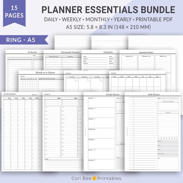 A5 Planner Essentials Bundle, Daily, Weekly, Monthly, Yearly Planner, FiloFax A5, Printable Planner Pages, A5 Bullet Journal Planner Inserts