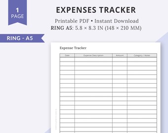 May include: A printable expense tracker in A5 size, measuring 5.8 x 8.3 inches. The tracker has columns for date, expense description, amount, and category/notes.