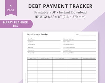 Big Happy Planner Printable Inserts, Big Happy Planner Inserts, Big HP Inserts, Debt Payment Tracker, Debt Tracker, Monthly Debt Payment