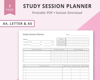 Study Session Planner, Student Planner, Study Planner, Student Printable, Academic Planner, College Student Planner, Daily Planner Insert