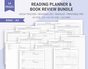 Planificador de lectura A5, Diario de lectura, Registro de lectura, Reseña de libros, Lista de verificación de lectura, Páginas del planificador, Inserciones imprimibles, Inserciones del planificador A5, 5×8