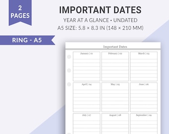 Dates importantes A5, aperçu de l'année, calendrier annuel non daté imprimable, pages d'agenda imprimables, inserts de planificateur pour Bullet Journal A5, MO1P