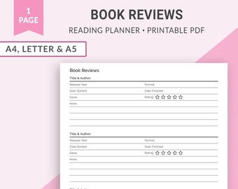 Book Reviews, Reading Log, Reading Journal, Book Journal, Reading Tracker, Reading List, Wishlist, Printable Planner Inserts | A4 Letter A5
