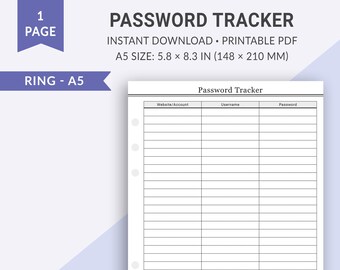 A5 Password Tracker, Account Tracker, Username Tracker, Password Log, Account Log, Printable Planner Page, A5 Bullet Journal Planner Inserts