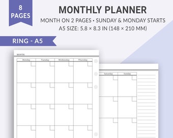 A5 Monthly Planner, Month on 2 Pages, Undated Monthly Printable Calendar, Printable Planner Pages, A5 Bullet Journal Planner Inserts, MO2P
