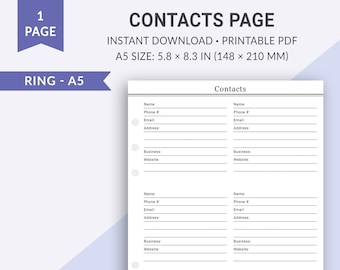 Página de contactos A5, libreta de direcciones, libreta de contactos, números de teléfono, dirección de correo electrónico, páginas del planificador imprimibles, inserciones del planificador del diario de viñetas A5