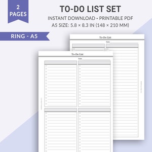 A5 To Do List Printable Set, ToDo List, Grocery List, Shopping List, Bucket List, Templates, Planner Pages, Printable A5 Planner Inserts