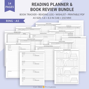 A5 Reading Planner, Reading Journal, Reading Log, Book Review, Reading Checklist, Planner Pages, Printable Inserts, A5 Planner Inserts, 5×8