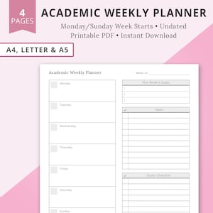 Puede incluir: Un planificador semanal académico imprimible con un fondo rosa. El planificador tiene secciones para el lunes al domingo, así como secciones para los objetivos de esta semana, tareas, lista de verificación de estudio y tareas y proyectos. El planificador no está fechado y se puede usar para cualquier semana del año.