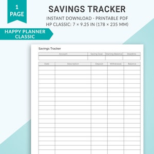 Happy Planner Printable Insert, Classic Happy Planner Insert, Savings Tracker, Savings Planner, Budget Planner, Financial Planner, 7x9.25 in