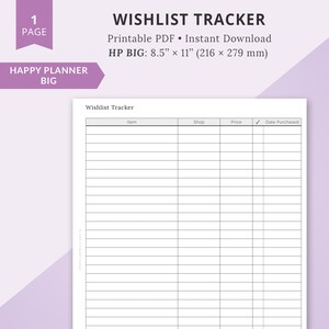 Inserciones imprimibles de Big Happy Planner, inserciones de Big Happy Planner, inserciones de HP grandes, rastreador de lista de deseos, rastreador de lista de deseos, planificador de lista de deseos