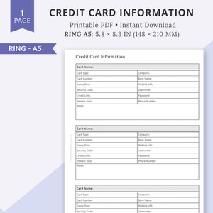 Ring A5, Credit Card Information Tracker, Kreditkarten-Tracker, Haushalts-Tracker, druckbarer Haushaltsplaner, nachhaltiger Kalender, A5