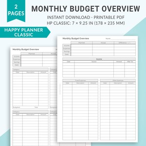 May include: A printable monthly budget overview on two white pages. The pages include sections for income, expenses, savings, and debt. The document is designed for Happy Planner Classic, measuring 7 x 9.25 inches.