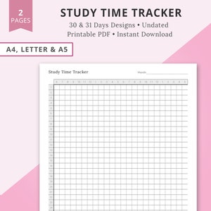 Puede incluir: Un planificador de tiempo de estudio imprimible en blanco y negro con un diseño de cuadrícula. El planificador tiene 28 filas y 31 columnas. El planificador está etiquetado como "Study Time Tracker" y "Month:".