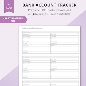 Big Happy Planner Printable Inserts, Big Happy Planner Inserts, Big HP Inserts, Bank Account Tracker, Bank Tracker, Information Tracker