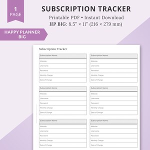 Puede incluir: Un rastreador de suscripciones imprimible con ocho secciones para registrar el sitio web, el nombre de usuario, la contraseña, el cargo mensual y la fecha de cobro. El rastreador está diseñado para un Happy Planner Big, que mide 8,5 pulgadas por 11 pulgadas.