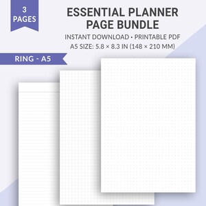 Könnte beinhalten: Drei druckbare Planerseiten im A5-Format (14,7 x 21 cm). Die Seiten umfassen liniertes, kariertes und gepunktetes Papier.